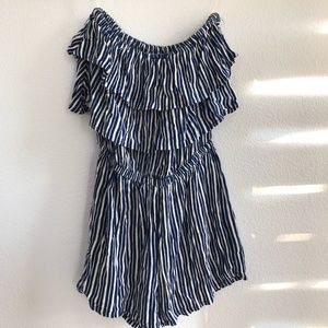 Strapless blue and white stripe romper